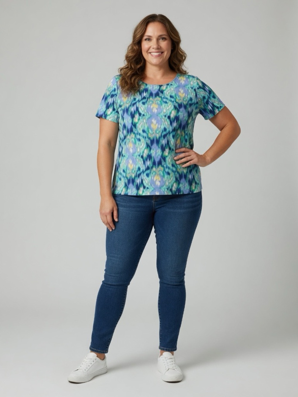 Rebecca Malone Blue-Green Patterned Short Sleeve Top